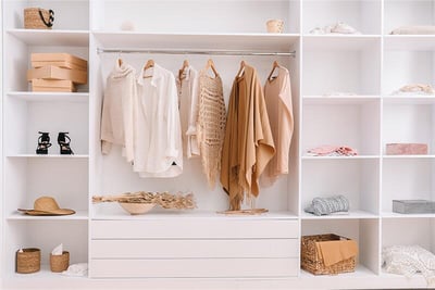 This modern design creates a big impact with the wall of shelves