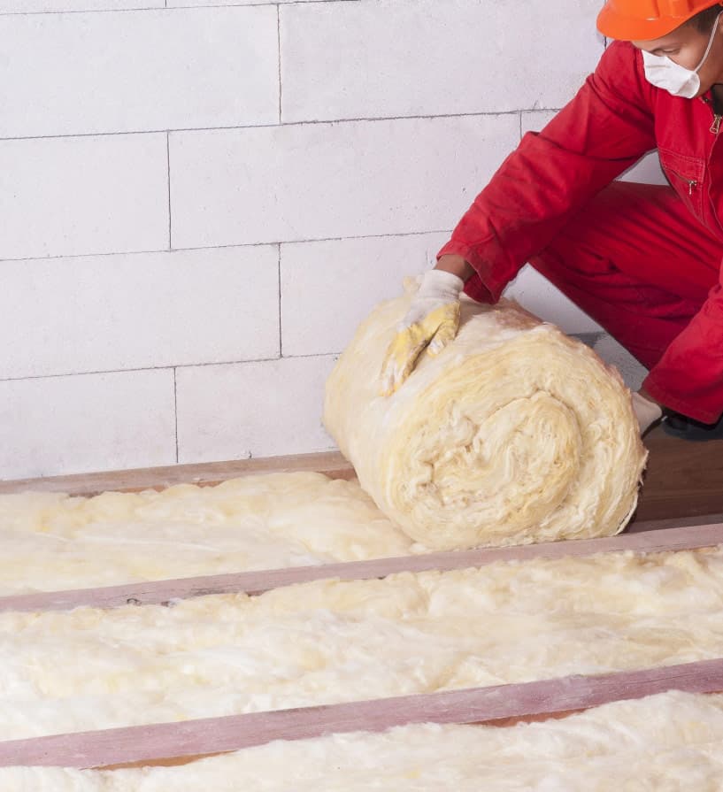 Worker installing attic insulation