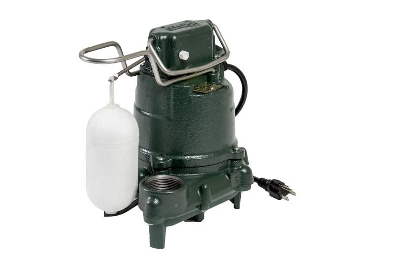 A cast-iron Zoeller&reg; sump pump with battery backup and pump stand