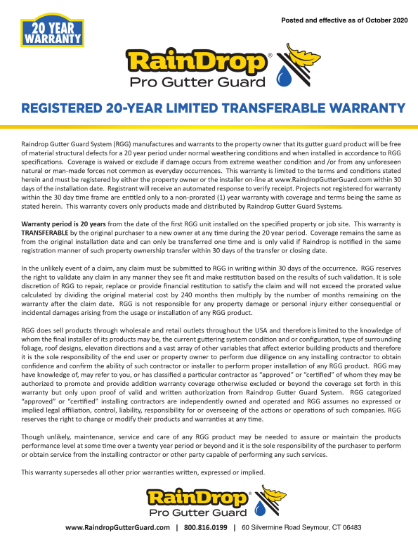 RainDrop Gutter Warranty