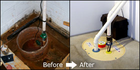 old sump pump and newly installed sump pump in Rockford, IL