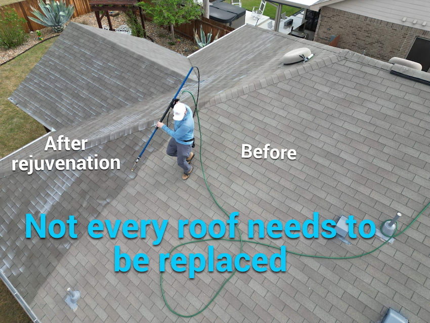 Before and after roof rejuvenation treatment on asphalt shingles in Texas Hill Country