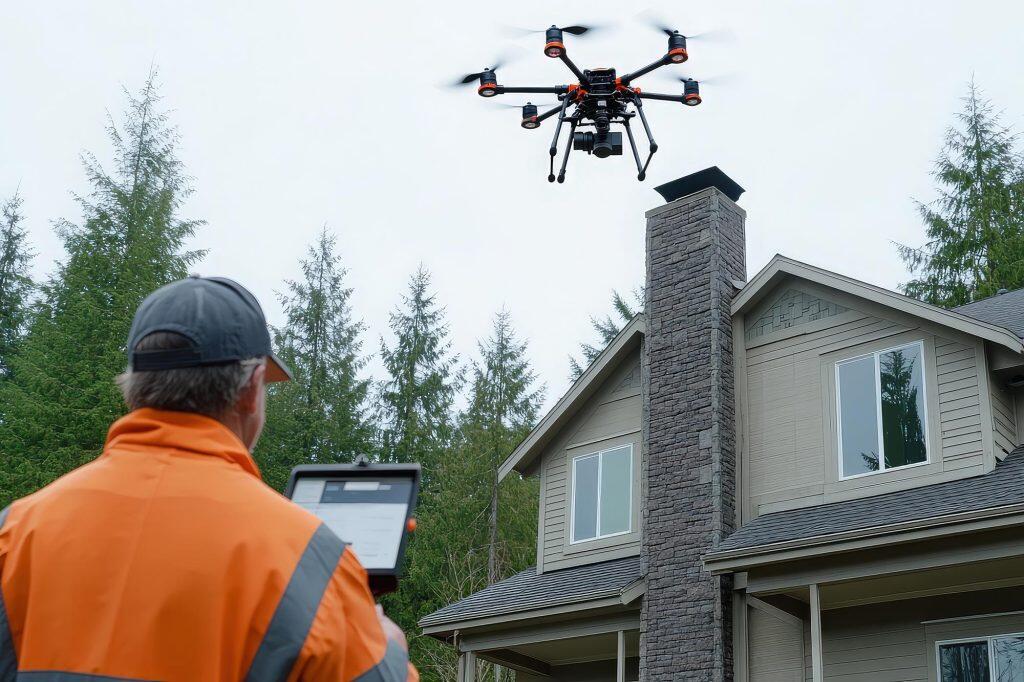 Technician in a high-visibility vest operating a drone for a chimney inspection on a home
