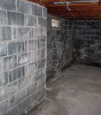 Concrete block walls of a home foundation