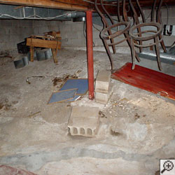 A basement with a dirt floor that is experiencing moisture issues.