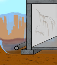 An illustrated cross section of a home with a basement flood issue.