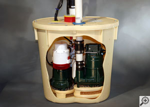 A sump pump installed in a sump pit that is in need of service.