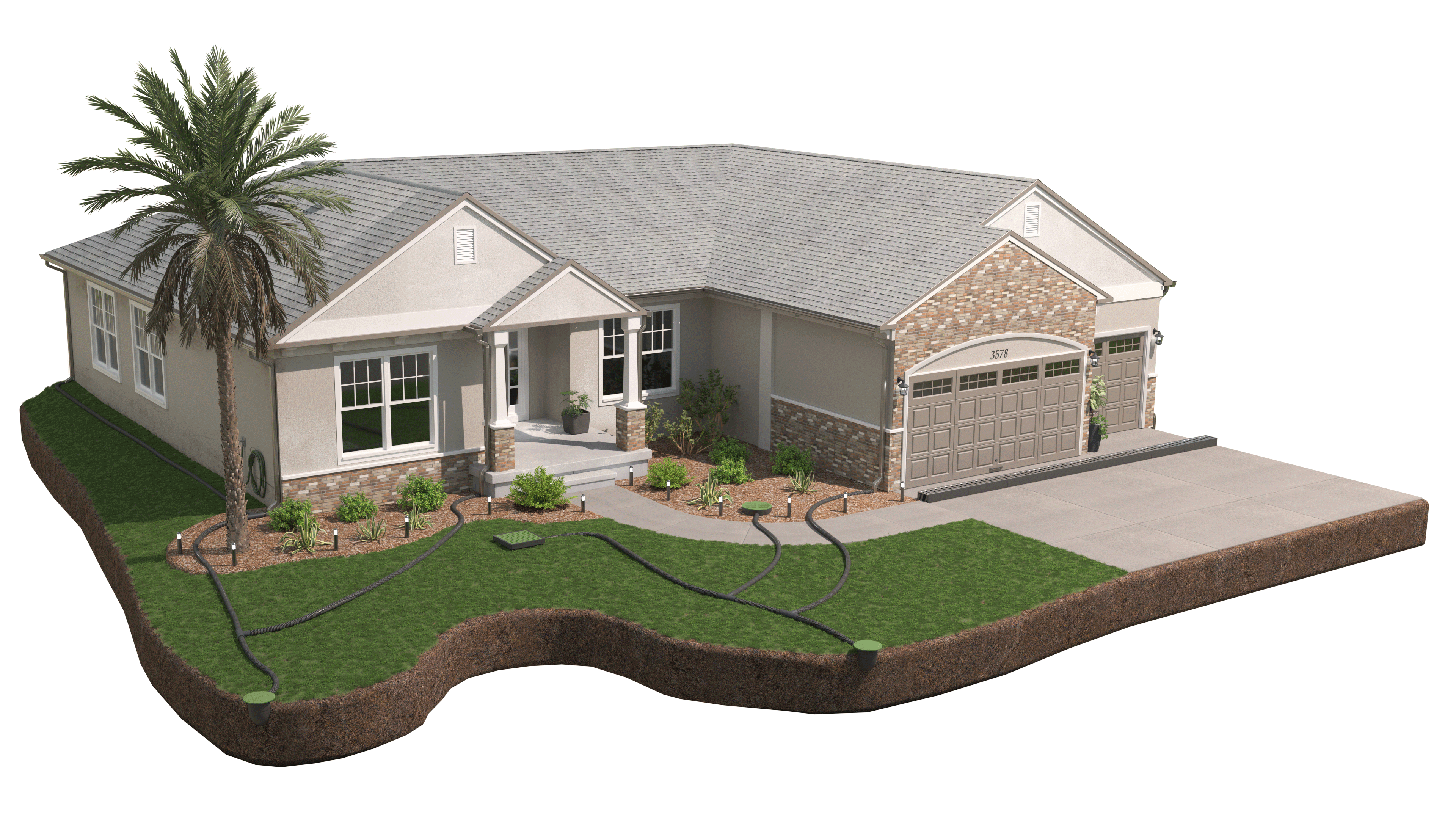 3D rendering of a residential home with the LRE drainage system installed.
