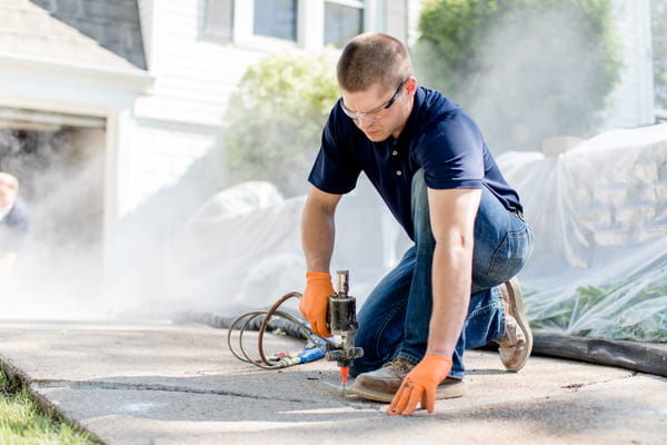 A man repairing a concrete sidewalk