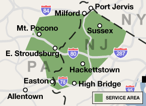 Our New Jersey and Pennsylvania service area map, showing our services in West Milford and nearby