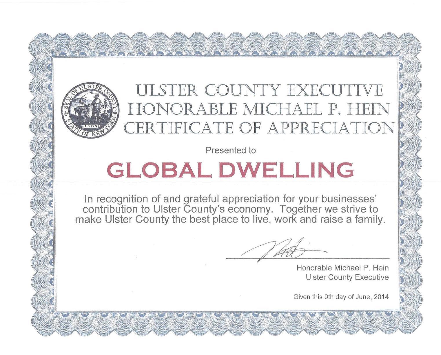 Ulster County Executive Certificate of Appreciation
