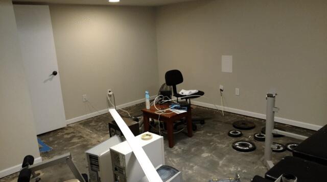 Leaking Finished Basement Waterproofed and Repaired in Chesterfield, Mo - Before Photo