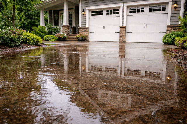 Water pooling on a driveway