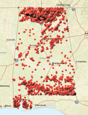 Sinkhole map of Northern Alabama