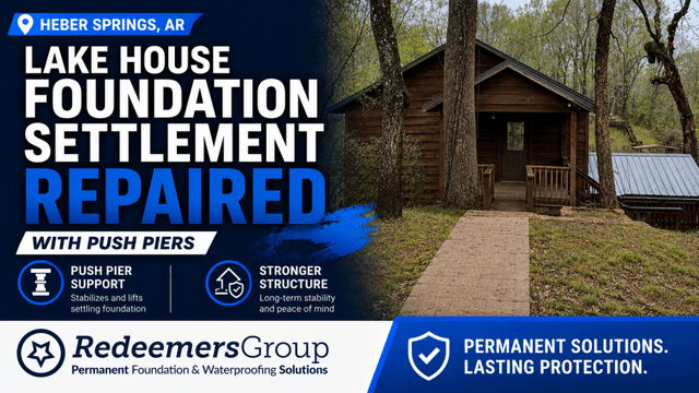 Heber Springs, AR Lake House Foundation Settlement Repair with Push Piers and PolyLevel