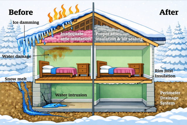 A drawing of a cutaway house. On one side, the "before" side, the home has pink insulation (labeled "Inadequate attic insulation"), ice damming on the roof (labeled "ice damming"), brown staining on the ceiling (labeled "water damage"), water in the soil next to the house (labeled "snow melt"), and a puddle on the basement floor. (Labeled "water intrusion"). On the right side, the "after" side, the home has no ice damming & smooth snow on the roof. It has gray insulation (labeled "proper attic insulation & air sealing"), no staining on the ceiling, white spray foam in the basement (labeled "rim joist insulation"), and a circle indicating a drainage system (labeled "perimeter drainage system").