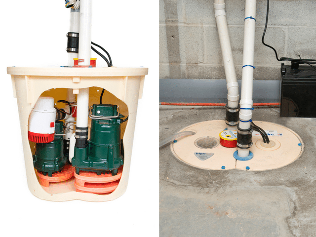 A side-by-side of the TripleSafe sump pump. On the left is a cutaway photo of the TripleSafe, showing its 3 pumps. On the right is a close-up photo of the TripleSafe installed.