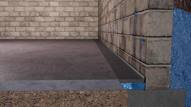 A rendered image of a WaterGuard system. It is a cutaway image showing water in the soil leaking through a basement wall and into the WaterGuard drainage system.
