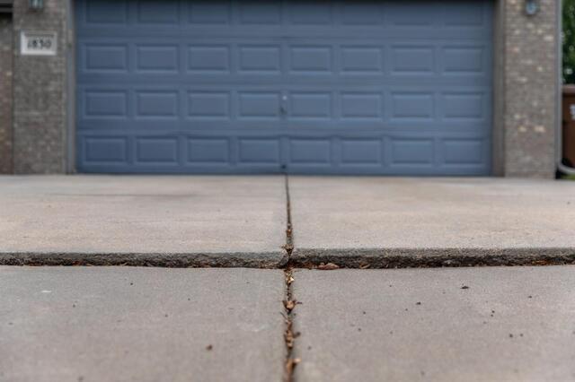 Unlevel concrete Driveway with blue garage door