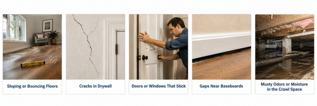 Crawl Space signs of a problem Sloping floors, Cracks in drywall, Doors or sticking windows, Gaps at floorboard, Musty odors in crawl space