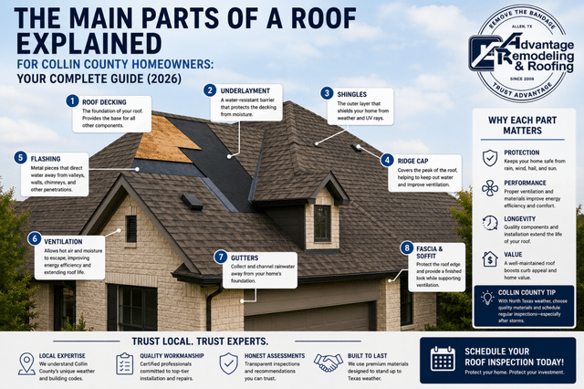 Professional roofing system infographic created for Collin County homeowners, explaining the main structural components of a residential roof in North Texas. The image highlights essential roofing elements including roof decking, underlayment, shingles, ridge cap, flashing, ventilation, gutters, fascia, and soffit. Designed in a modern educational style with a high-end residential roof background, the graphic emphasizes roof protection, performance, longevity, and home value for Texas properties affected by hail, wind, heat, and storm damage. Branded with Advantage Remodeling & Roofing and the company slogan “Remove the Bandage – Trust Advantage,” this visual serves as a homeowner guide for roof inspections, roof replacement education, and roofing system awareness in Collin County, Texas.