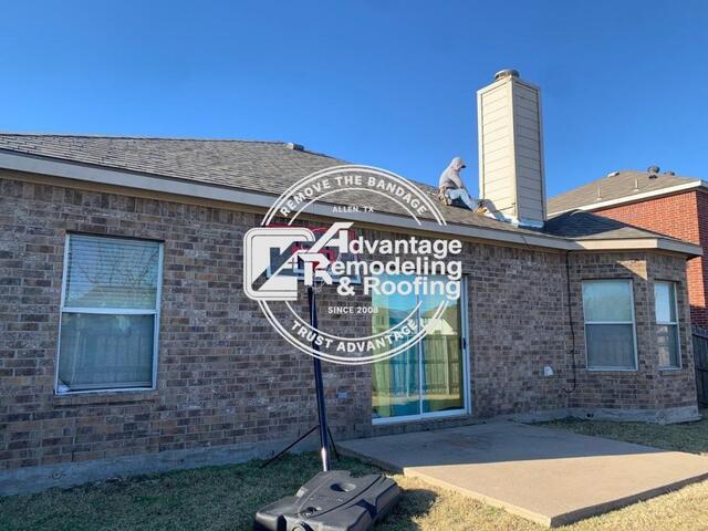 Roofing contractor performing chimney flashing and roof repair work after hail and storm damage in Frisco, Texas.