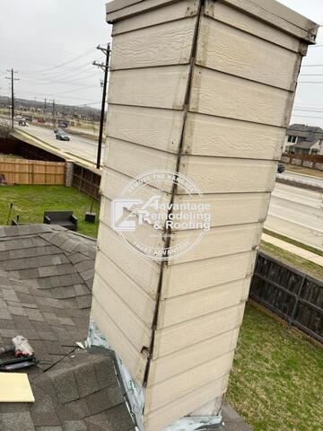 Storm-related chimney siding deterioration and roofing transition damage identified during residential roof inspection in Frisco TX.