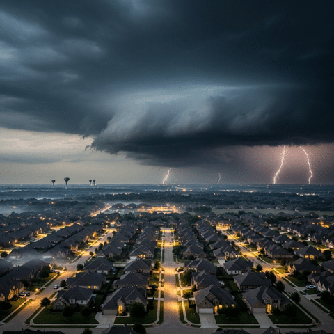 image showing an aerial view of Collin County neighborhoods under stormy weather, with dramatic clouds, distant lightning, and water towers on the horizon