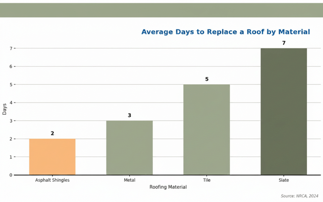 Discover how long it takes to replace a roof by material type with this easy-to-read bar chart. Compare the average number of days needed for asphalt shingles, metal, tile, and slate roofing replacements. Ideal for homeowners and contractors planning a roofing project in 2024. Data source: NRCA.