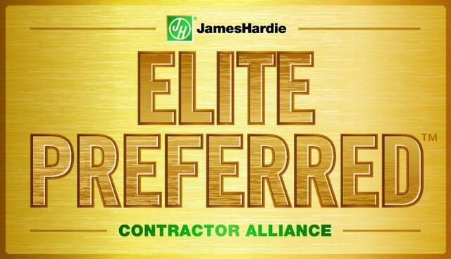 Graphic of the James Hardie Elite Preferred Contractor badge. It is primarity gold with a small gteen James Hardue logo and contractor alliance in green as well.