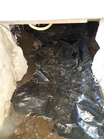 This vapor barrier isn't helping keep water out anymore. The groundwater leakage that is currently in this crawl space is slowly evaporating into the house. The exposed earth is also adding a continuous stream of water vapor.