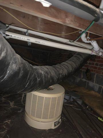 A device like this one just doesn't have the power to rid an area like this crawl space of all of the moisture in the air.  We offer the best dehumidifier available to help remove water from the air and direct it out of the crawl space when partnered with our many available sump pump options.