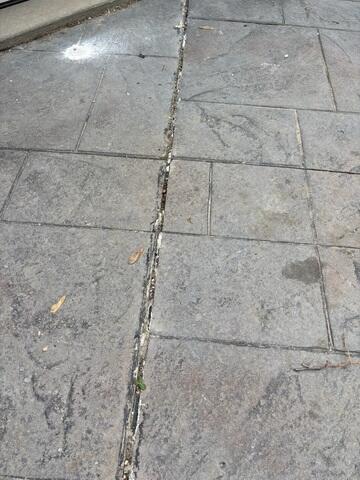 Before: The concrete patio shows distinct, wide gaps filled with debris and signs of deterioration along the expansion joints.