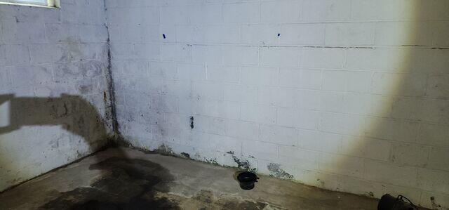 Basement before waterproofing. High humidity, damp walls, and water seepage at the floor joint.