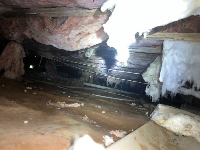This picture was taken by our Inspector, Joey, upon the free consultation. You can see the fiberglass insulation was falling out of the ceiling due to high moisture.