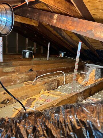 And here's a shot of the recessed lights sealed with fireproof covers as well as some wall top sealing. The rid and white rulers you see are used to provide feedback on insulation depth so we get a nice, even layer of insulation.
