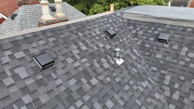 This picture shows a close up of the finished shingle system. We use the California method for the valleys because it creates a clean look, improves water flow, decreases installation time, and reduces potential leak points.