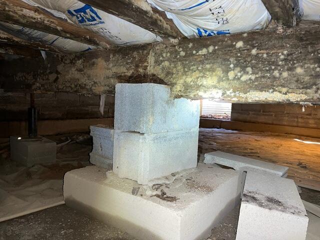 This photo shows just how moldy the existing beam really was. It was soft to the touch, and was at a high risk of collapsing. The homeowner wasn't just dealing with saggy floors, they were also dealing with moldy breathing air. On average, homes pull around 50% of crawl space air up into the rest of the home due to a process called the stack effect.