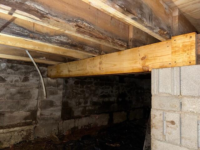 This was what the new treated main beam looked like. We also sistered the joists in this area to the left of the main beam.