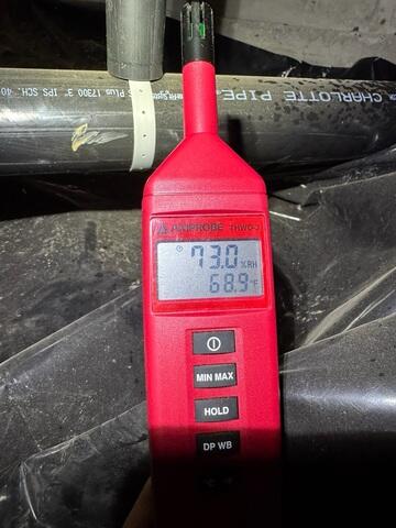 A healthy crawl space's relative humidity is typically below 55% RH, this reading shows that the homes humidity level was very high and caused the entire home to feel very humid.