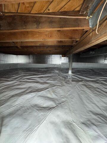 To fully seal the crawl space from moisture intrusion, our crew installed the CleanSpace Vapor Barrier. This durable, reinforced liner blocks ground moisture, improves indoor air quality, and creates a clean, controlled environment, ensuring long-term protection against water seepage and humidity.