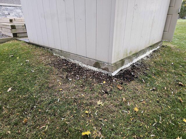 Reinforced & Level After our polyurethane injection, the voids are completely sealed. The concrete pad is back to its original height, and the perimeter has been tidied to ensure the shed sits on a firm, healthy base.