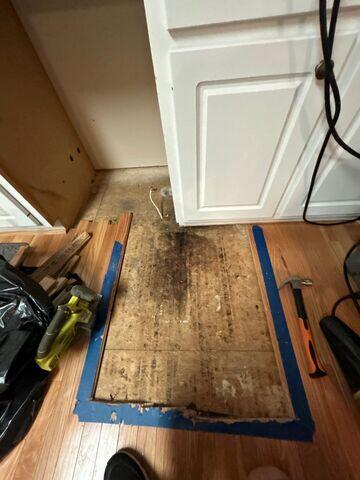 Removing water-damaged materials in the kitchen after a dishwasher leak