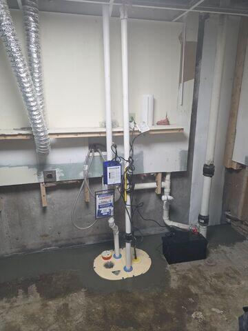 Water from the waterguard and trench drain flows efficiently to a TripleSafe sump pump system.