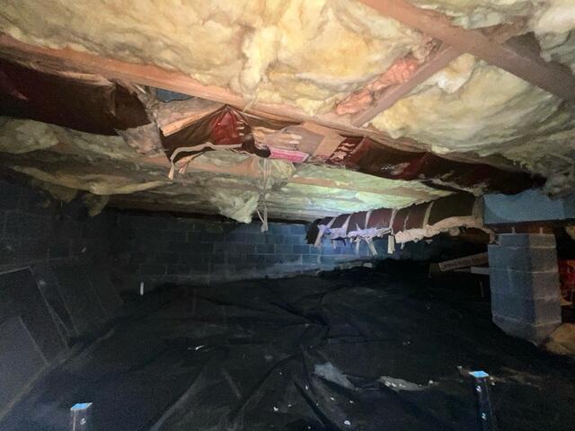 Wet insulation and falling insulation lead to mold issues and cold floors above the crawl space.