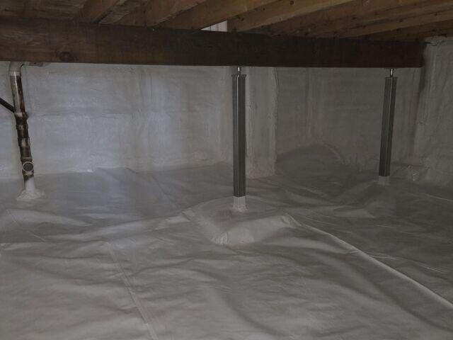 SmartJack® Support System installed to stabilize and support the floor system above
CleanSpace® Encapsulation System installed to cover the ground and isolate the crawl space from moisture