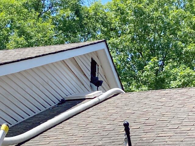 We can access the attic through the gable vent, allowing us to properly air seal the space, install vent baffles, and then blow in TruSoft cellulose insulation.