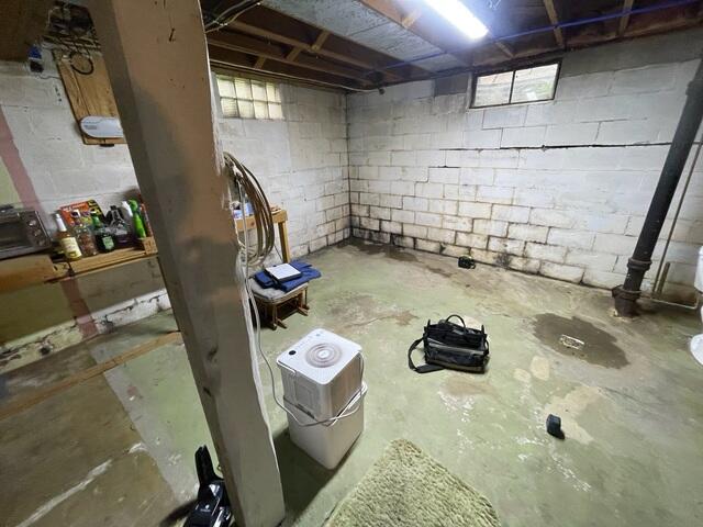 The cinder block foundation showing cracks