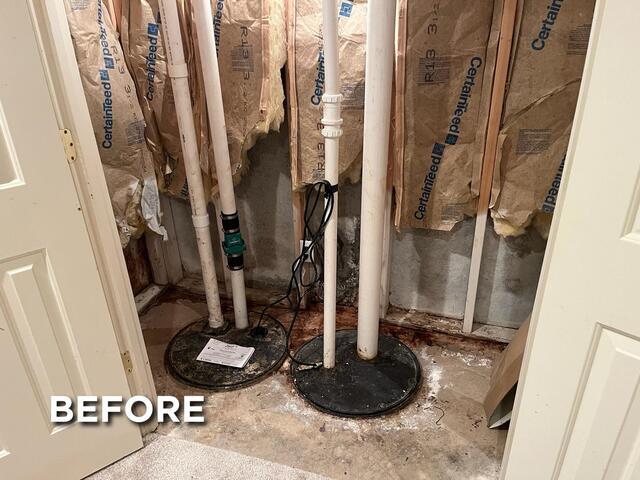 This was the photo our Representative snapped of the front alcove room on the initial inspection. If you look closely, you can see the white efflorescence ring around the sump lid. Efflorescence is a white, powdery, crystalline deposit of salts left on concrete surfaces when water evaporates, indicating moisture issues. It was clear that something was wrong with either the sump pumps efficiency or a broken discharge line. The good news was that the exterior drains were seemingly still doing their job by bringing water to the sump pit.