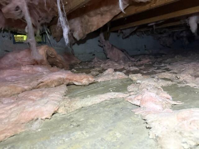 The fiberglass is left to fester on the ground, exposed to more water, as well as any critters that venture into this space.